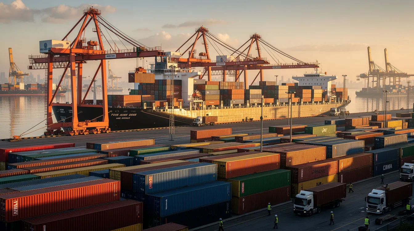 The image depicts a bustling port where shipping containers are being loaded onto cargo ships with large cranes in operation. In the background, various cargo ships can be seen, highlighting the busy logistics environment typical of a major shipping hub.