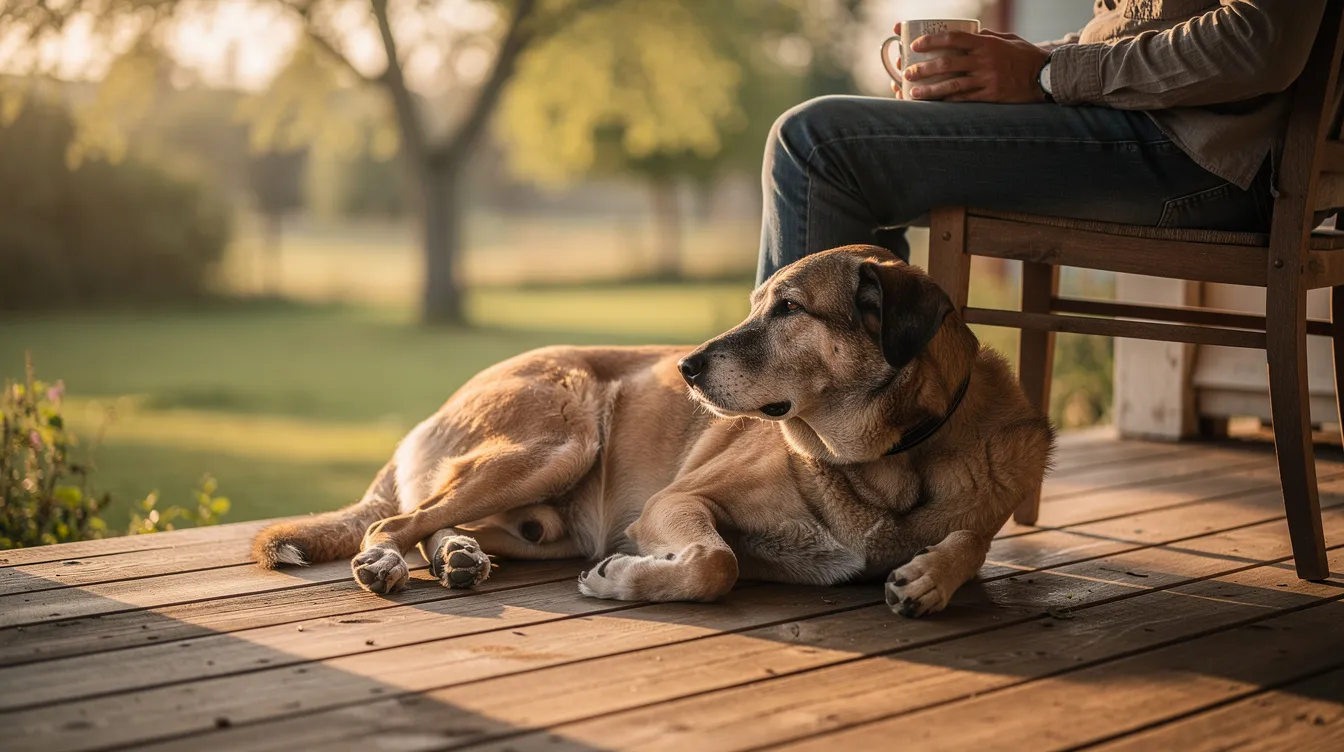 An older dog rests peacefully beside a person on a porch, embodying the unconditional love and bond that exists between dog lovers and their fur babies. This serene moment captures the joy and comfort that many dogs bring to their owners' lives, reminding us of all the good times shared together.