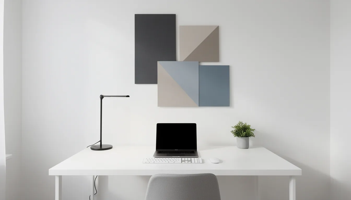 Cette image présente un espace de travail moderne avec un bureau épuré, complété par une œuvre murale géométrique qui ajoute une touche de style personnel à la pièce. Les impressions artistiques vibrantes créent une atmosphère inspirante, parfaite pour stimuler la créativité et la productivité.