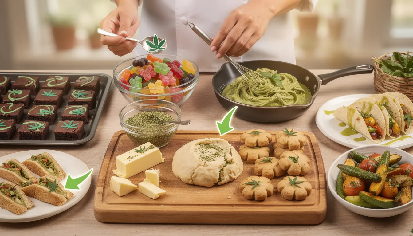 Verschiedene Anwendungsmöglichkeiten von Cannabis Edibles in süßen und herzhaften Gerichten.