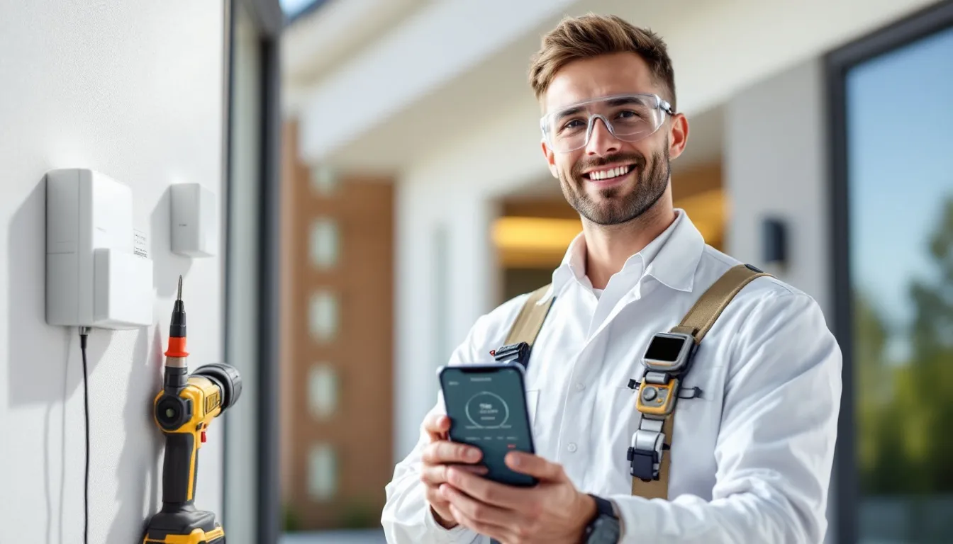 A professional technician performing burglar alarm servicing.