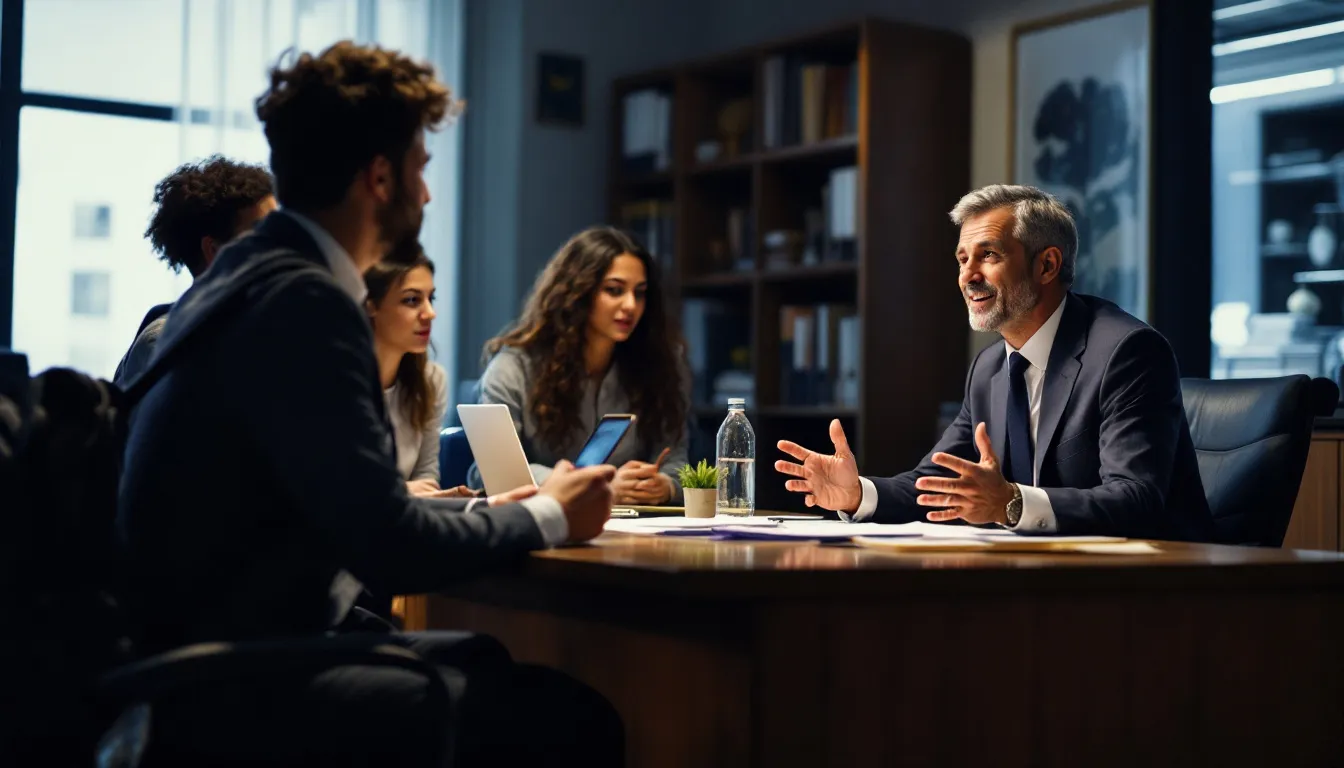 In the image, a group of young people is engaged in a discussion with an experienced bankruptcy attorney, focusing on their financial situation and exploring options for filing bankruptcy. They appear to be seeking advice on managing unsecured debts, such as credit card balances and student loan debt, while considering the bankruptcy process and potential debt relief options.