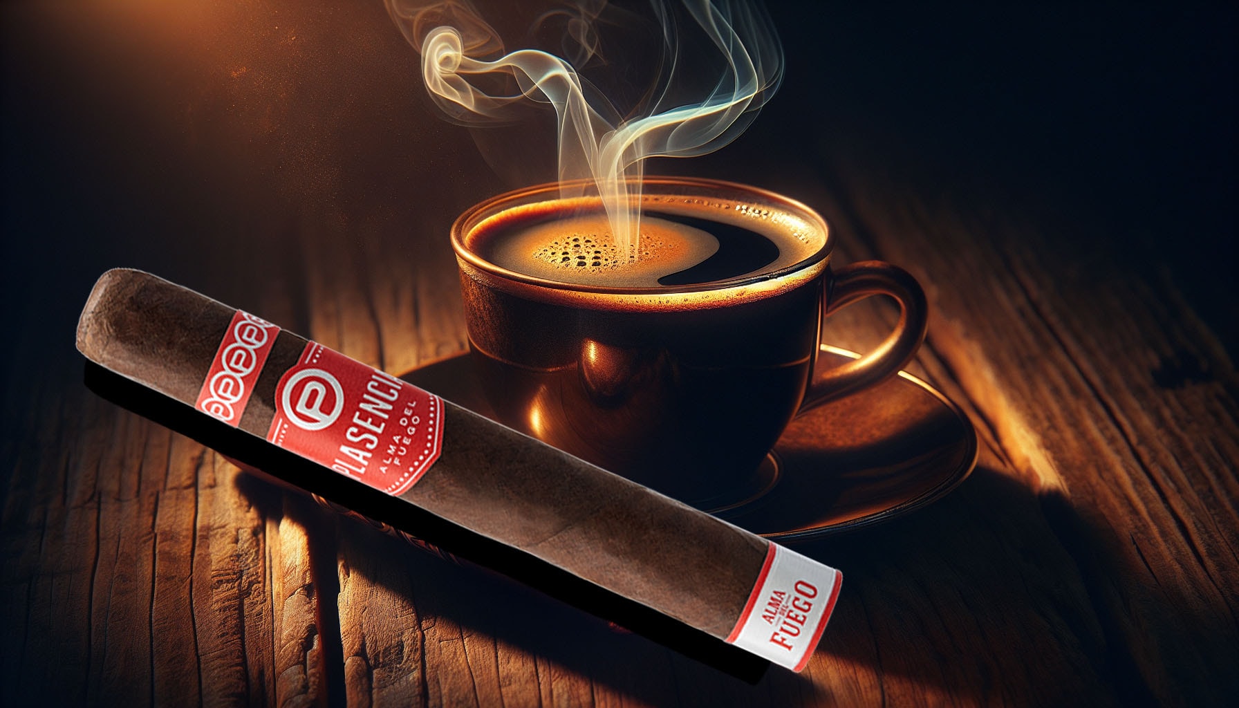 An illustration showing a Plasencia Alma del Fuego cigar paired with a cup of coffee.