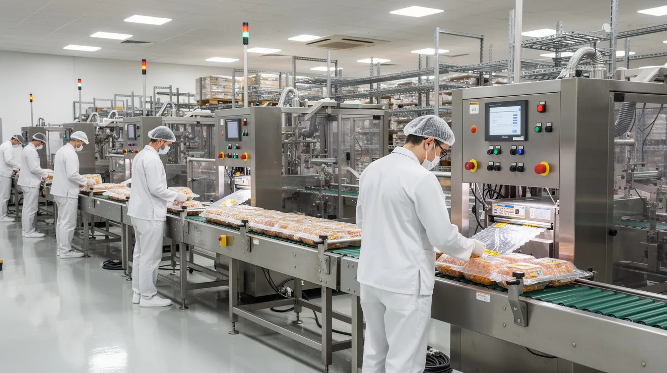 15d2a366 4c39 494f be70 a6b807f10dcd The image depicts workers in white uniforms efficiently operating industrial food packaging machines in a well-lit factory, reflecting the manufacturing process of a flour mill plant. This facility focuses on the production and packing of wheat flour, showcasing the automation and machinery used in the industry.