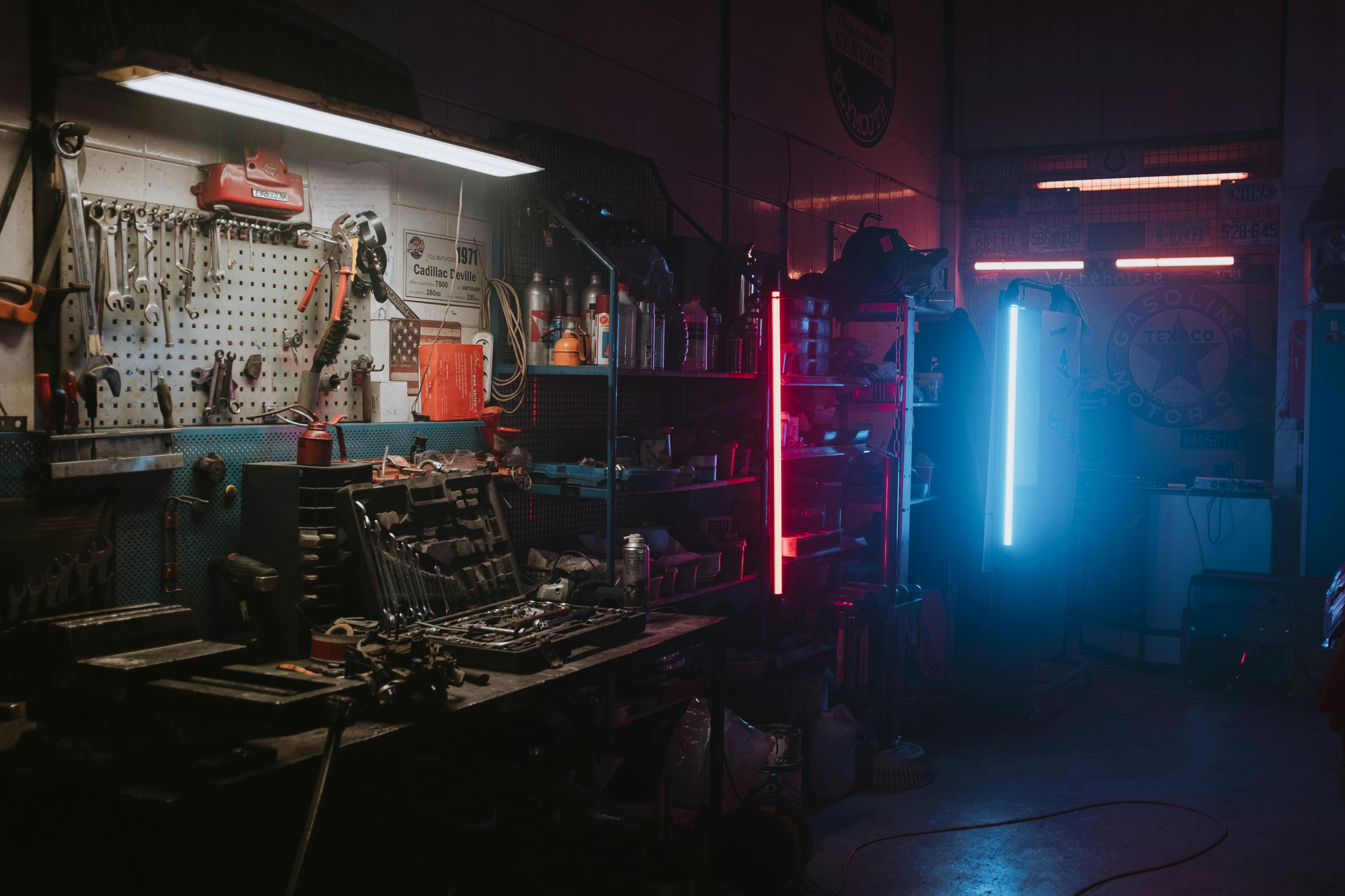 Garage with neon lighting