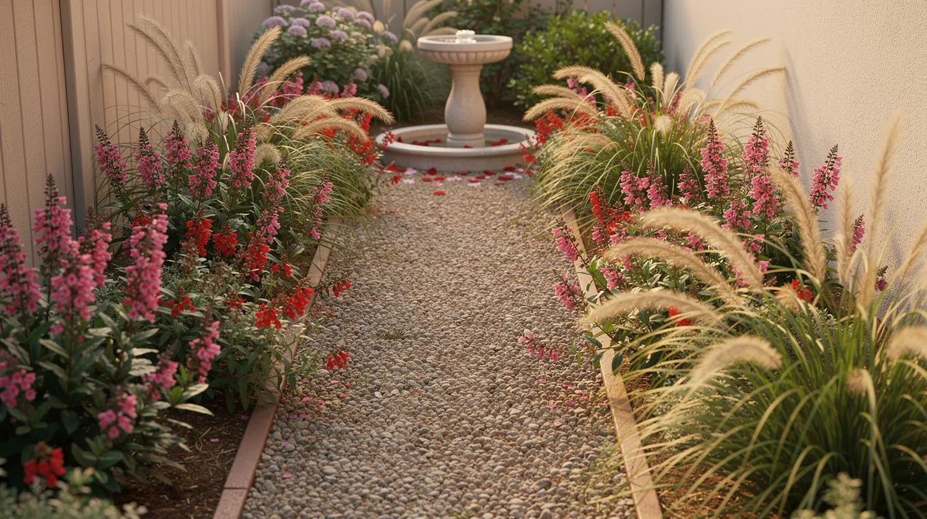 The image depicts a narrow side yard featuring a decomposed granite path bordered by blooming penstemon and native deergrass, with a small birdbath in the background, creating a vibrant wildlife habitat for birds and pollinators. This native plant landscaping showcases the beauty and benefits of using native species to support biodiversity in a backyard garden.