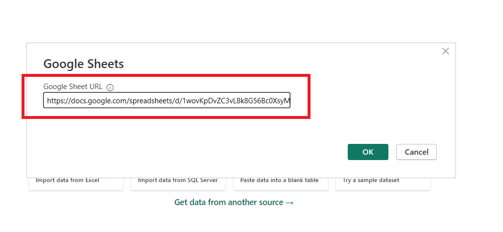 Insert the google sheet URL then click OK