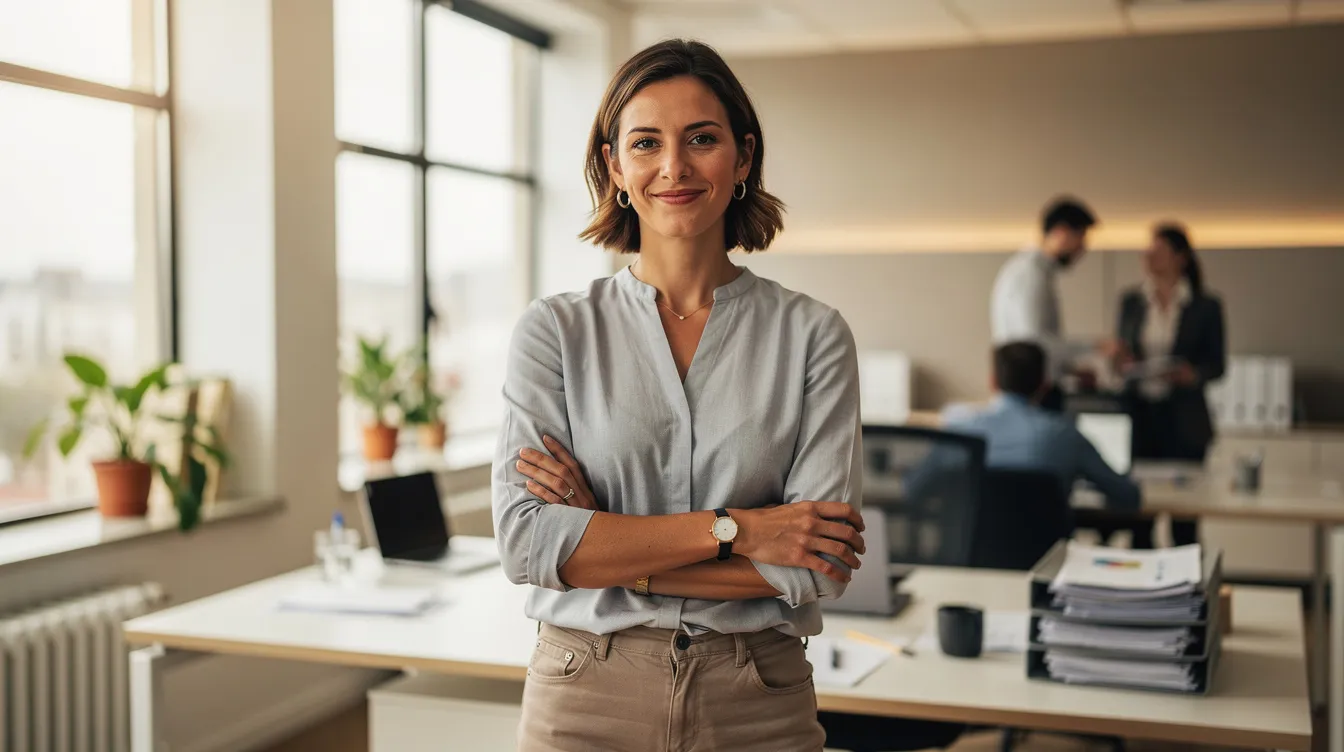 The image depicts a confident small business owner in a modern office space, exuding success after securing funding to meet their business needs. The atmosphere suggests a focus on financing options such as small business loans and lines of credit, highlighting the owner's achievement in navigating the approval process and achieving fast funding for their venture.
