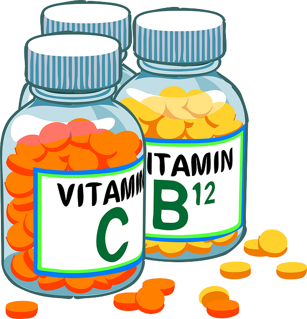 A cartoon rendering of three bottles filled with vitamins, with labels reading vitamin C and vitamin B12.