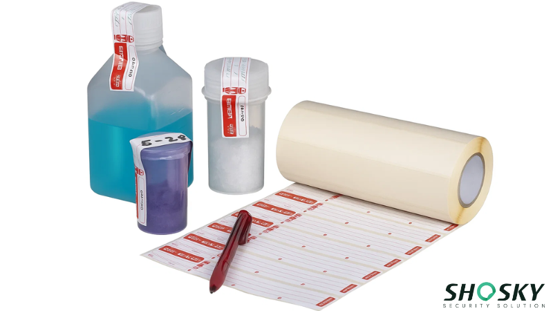 Specimen bottles with colored contents and secure VOID seals for traceability