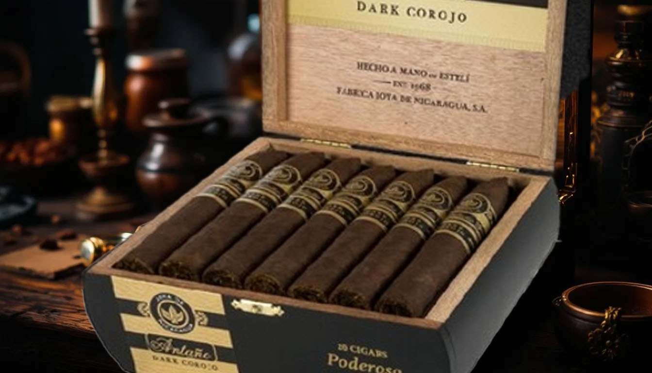 A well-maintained humidor filled with cigars, including dark corojo varieties.