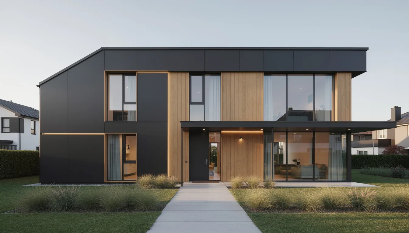 Een moderne woning met strakke gevelbekleding in antraciet, voorzien van houten accenten die een warme uitstraling geven. De combinatie van waterbestendige wandpanelen en massief hout zorgt voor een industriële uitstraling en hoge kwaliteit die bestand is tegen verschillende weersomstandigheden.