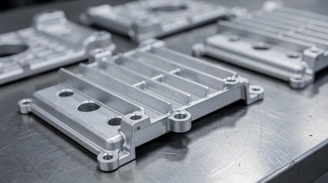 A close-up view of several finished aluminum die cast parts, featuring thin ribs and mounting features, is arranged neatly on a metal workbench. These precision aluminum components showcase the quality and craftsmanship typical of an aluminum die casting manufacturer, highlighting the intricate details achieved through high pressure die casting processes.