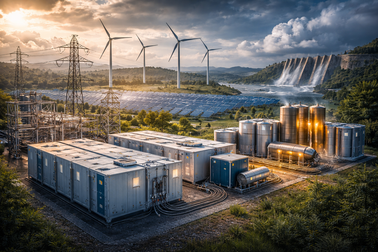 Hybrid energy storage system combining multiple energy storage systems and energy storage technologies, showing hybrid energy storage solution built from battery storage systems with lithium ion battery, thermal energy storage and hydro storage operating together as a hybrid energy system; the image illustrates how hybrid energy storage systems balance high power density, high energy density, energy storage capacity and stored energy to optimize energy storage, improve system efficiency, overall system efficiency and system reliability, support backup power, reliable power supply and grid stability; hybrid energy storage system HESS integrates power electronics, control systems and energy management strategies to manage electrical energy, power generation, energy consumption and energy demand, reduce power fluctuations, support frequency regulation, lower electricity costs and fossil fuels use, enable renewable energy integration, smart grids and cost effectiveness while delivering maximum power, high energy capacity and complementary characteristics compared to a single energy storage system or single energy storage devices.
