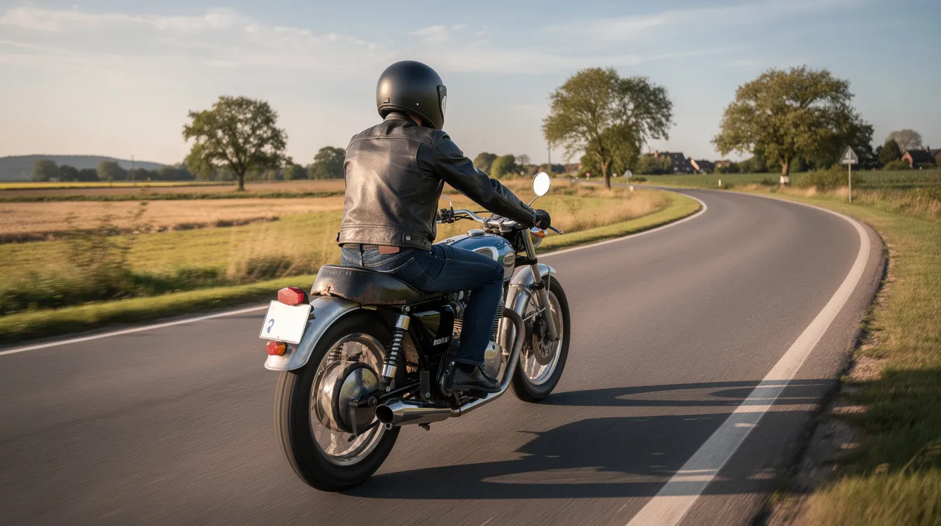 Ein Motorradfahrer in dunkler Jeans fährt auf einer Landstraße mit einer klassischen Maschine. Die Motorradhose bietet Schutz und Komfort, während der Fahrer den Wind spürt und die Freiheit des Motorradfahrens genießt.
