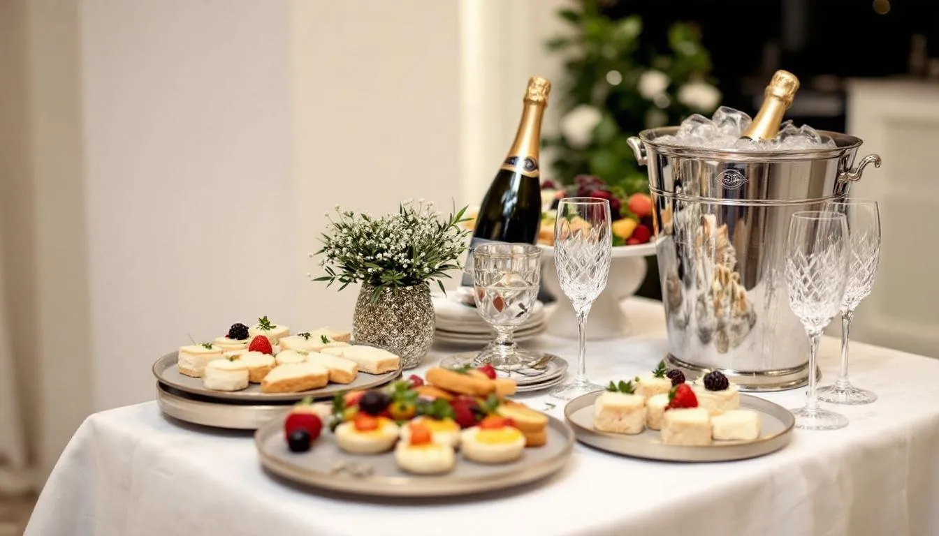 An elegant refreshment station is beautifully arranged with sparkling champagne and light snacks, creating a stunning focal point for guests at a wedding. The setup features tasteful decor that enhances the atmosphere of this special day, perfect for celebrating love and joy.