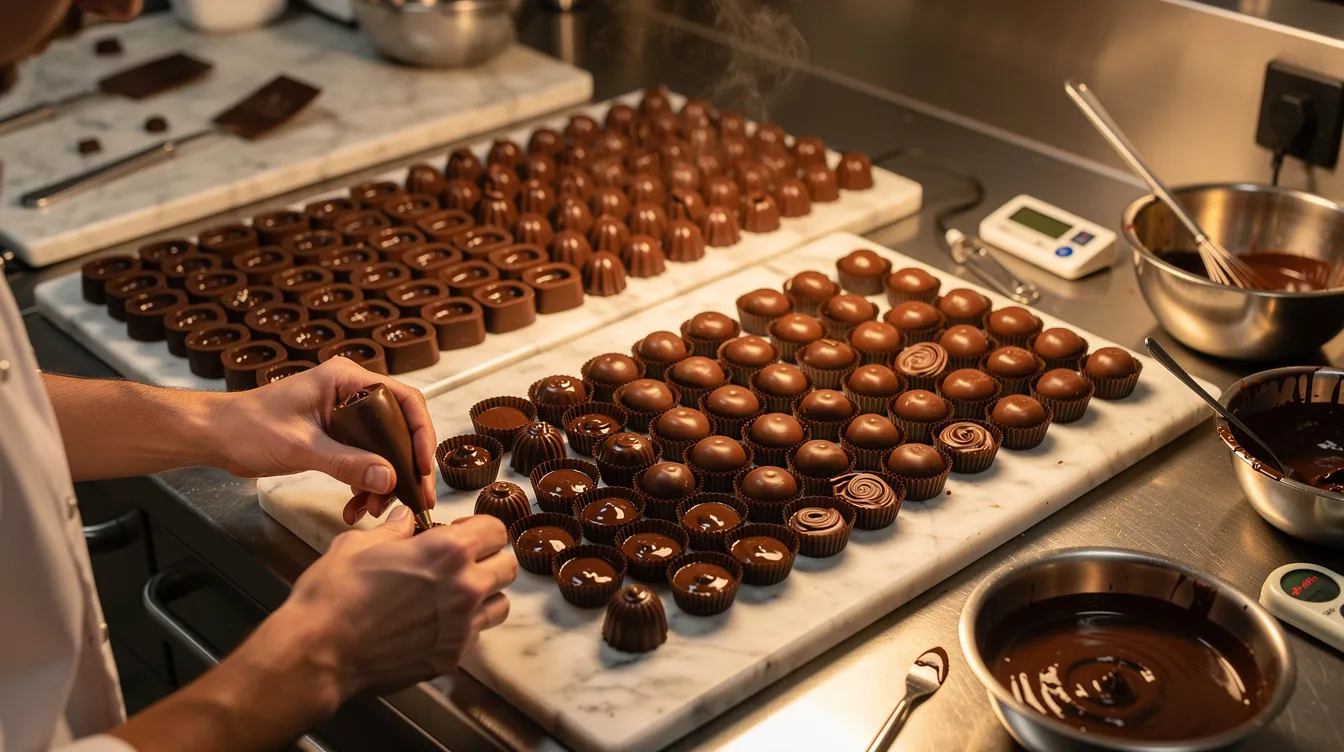 L'image montre un atelier de chocolatier où des artisans chocolatiers s'affairent à la fabrication de délicieuses pralines. On y voit des ingrédients soigneusement disposés, témoignant du savoir-faire et de la passion qui caractérisent le chocolat belge.