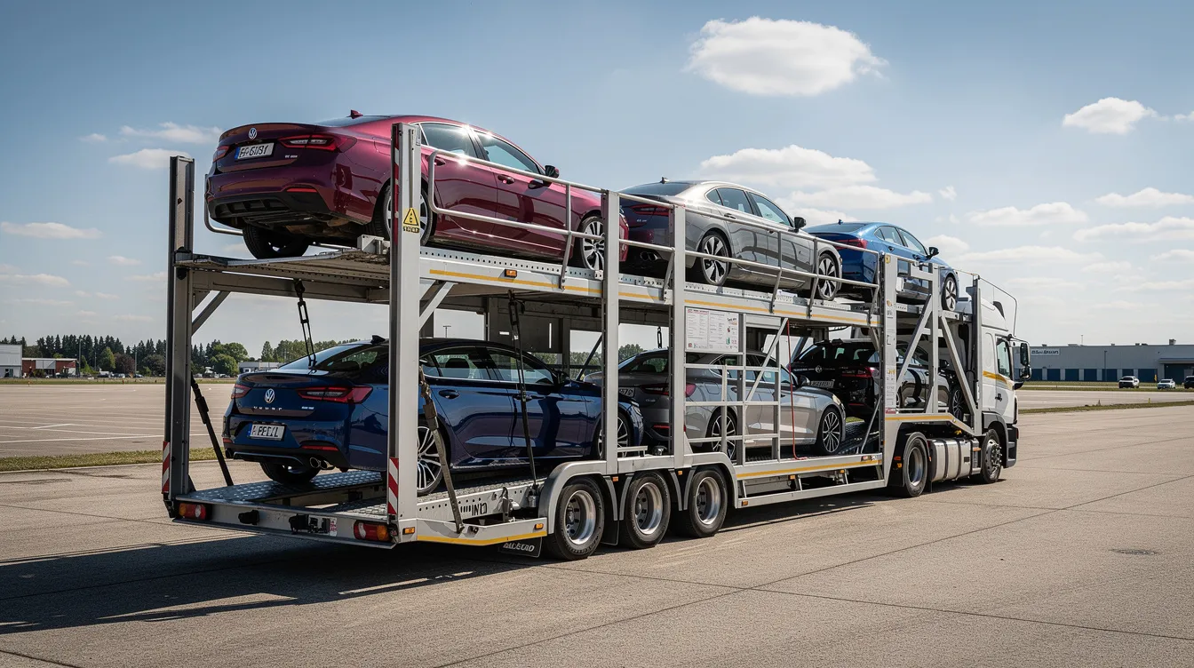 An open car carrier trailer is loaded with multiple vehicles, including luxury and classic cars, under a bright sunny sky. This scene illustrates the process of auto transport, showcasing the efficiency of car shipping services as vehicles are prepared for delivery to various locations in California.