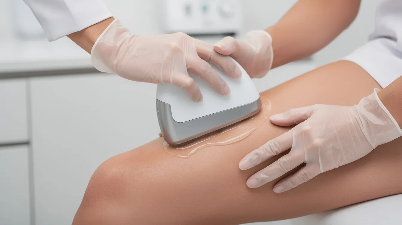 A clinician is closely applying a non-surgical body contouring device to a patient's upper thigh area in a clean, modern treatment room, focusing on reducing excess fat and improving the overall contour of the thighs. This body contouring treatment aims to address issues such as sagging skin and enhance the patient's body shape following significant weight loss.