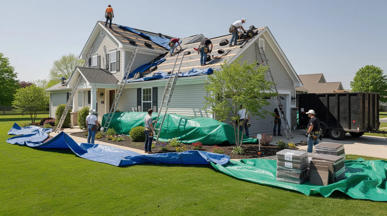 A roofing crew is carefully laying tarps around the landscaping of a Lakewood home during a roof replacement installation, ensuring the area is protected while they work on the existing roof. This professional team of roofing contractors is focused on providing quality service and expert roofing services to Lakewood homeowners.