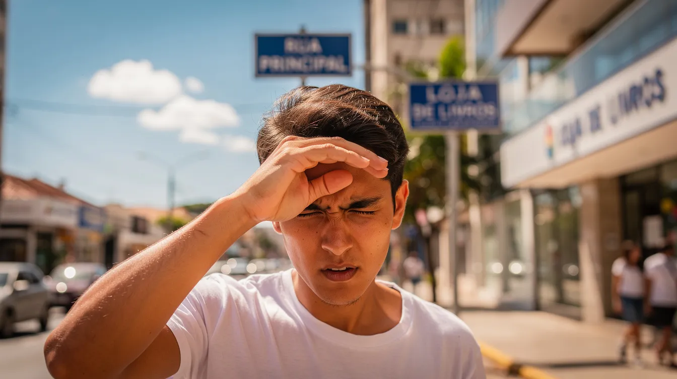 Uma pessoa está apertando os olhos, tentando ler uma placa distante em uma rua ensolarada, o que indica uma dificuldade de enxergar objetos a longa distância, comum em casos de miopia. Os raios de luz refletem na superfície da placa, enquanto o globo ocular da pessoa se esforça para focar, demonstrando os sintomas típicos dessa condição visual.