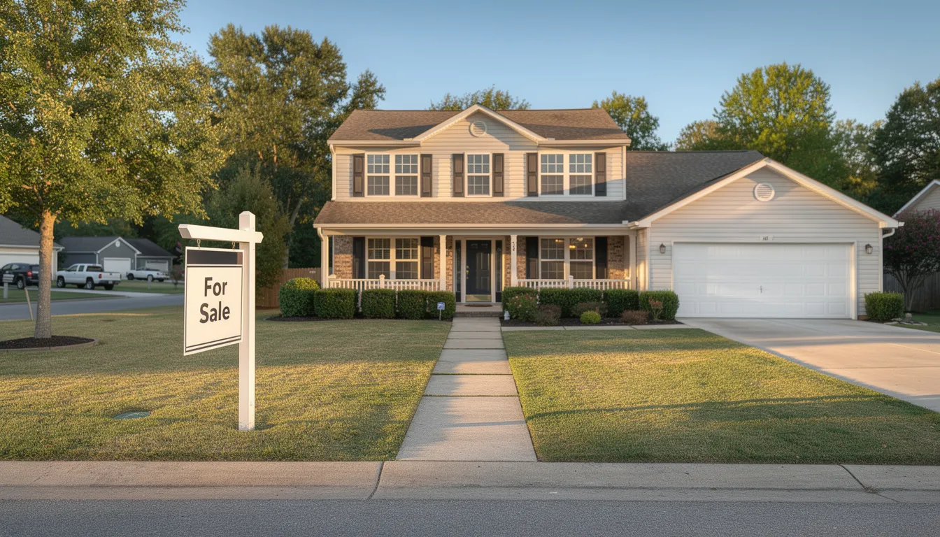 The image depicts a suburban single-family home with a "for sale" sign prominently displayed in the front yard, indicating it is available for purchase. This property could be a valuable resource for real estate professionals looking to find probate properties or motivated sellers in the market.