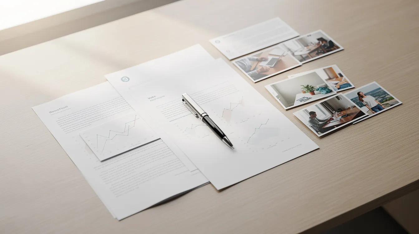 15e4225b 01a1 41ab a6f7 be75c4499661 The image depicts a clean desk with neatly arranged documents, including bank statements and utility bills, alongside photographs and a pen, suggesting preparation for a loan application, possibly for a mudra loan. This organized setup reflects the importance of maintaining clear business plans and supporting documents for loan approval.