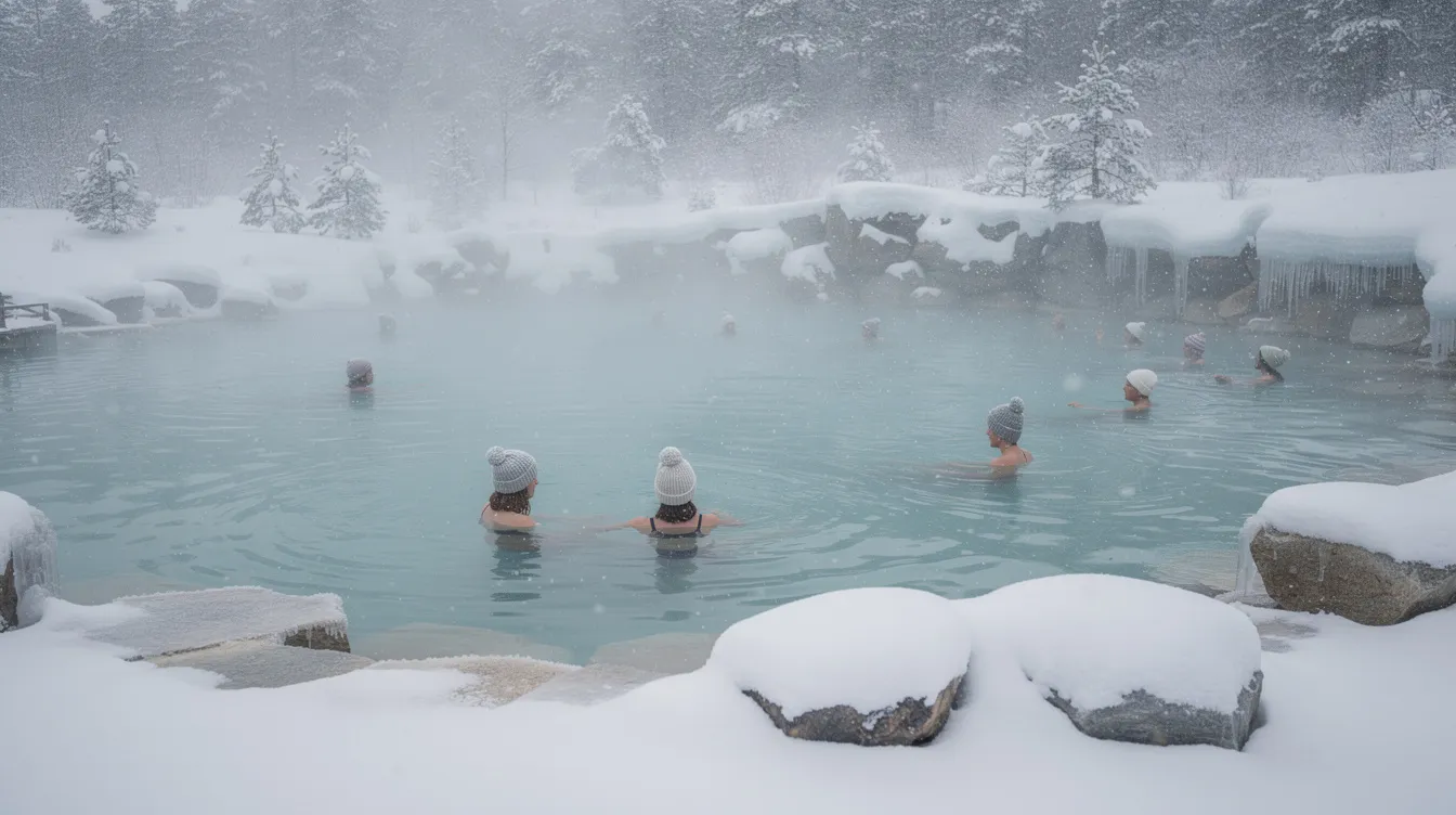A imagem mostra um cenário de banhos termais cercados por neve, com montanhas ao fundo e vapor subindo da água quente. Este ambiente relaxante é um destino popular na Polônia, especialmente na região de Zakopane, onde a beleza natural se une à tranquilidade dos banhos.