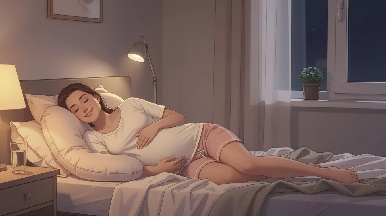 The illustration shows a pregnant woman in her third trimester, peacefully sleeping on her left side in a comfortable position, suggesting a healthy sleep habit for pregnant women. This position is often recommended to improve blood flow and reduce the risk of sleep problems during late pregnancy.