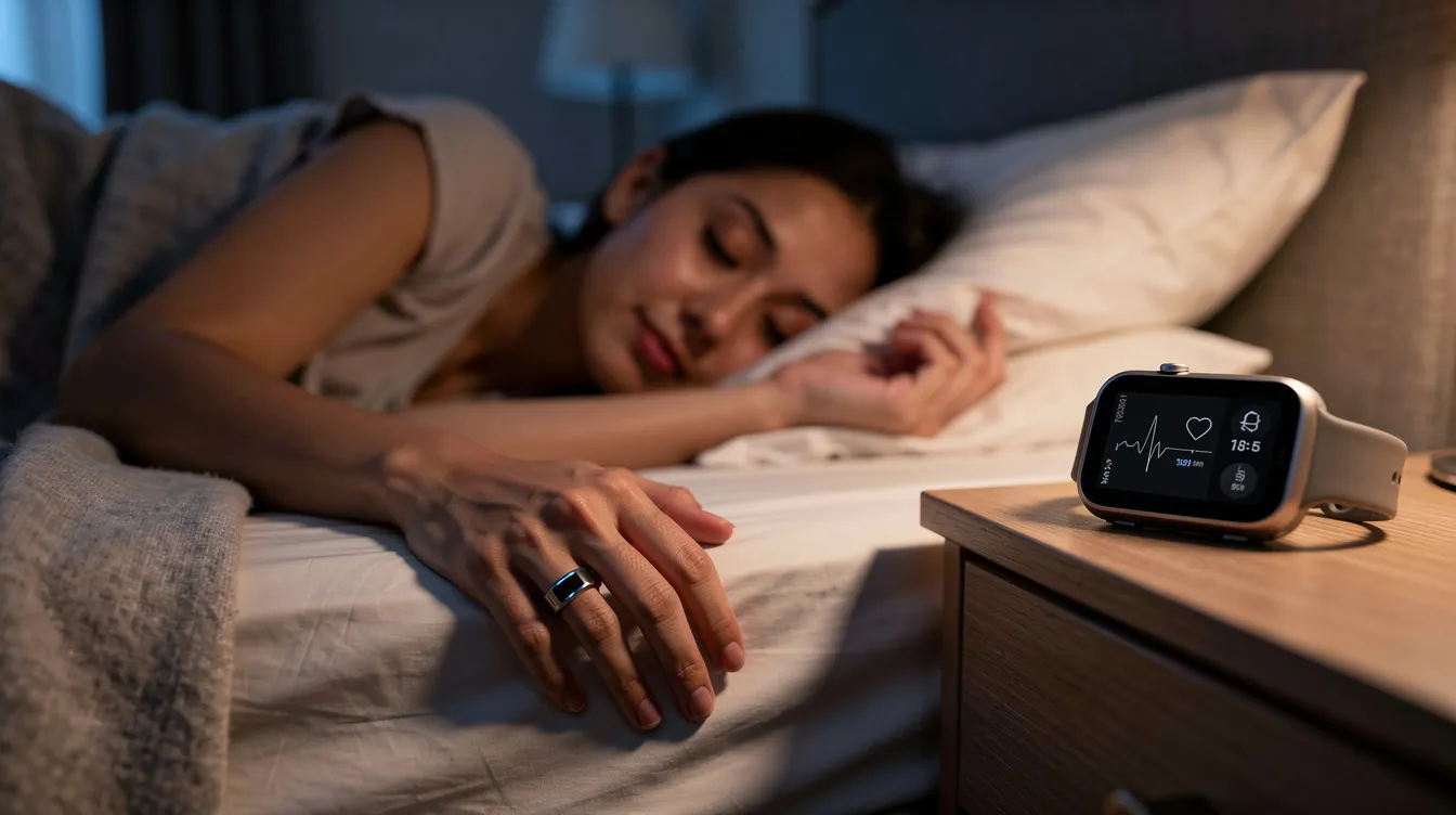 A person is sleeping peacefully while wearing an Oura ring on their finger, with a smartwatch, such as an Apple Watch or Google Pixel Watch, placed on the nightstand nearby. This scene illustrates the integration of advanced sleep trackers that monitor sleep stages, sleep quality, and overall health metrics, enabling users to track sleep patterns and improve their sleep health.