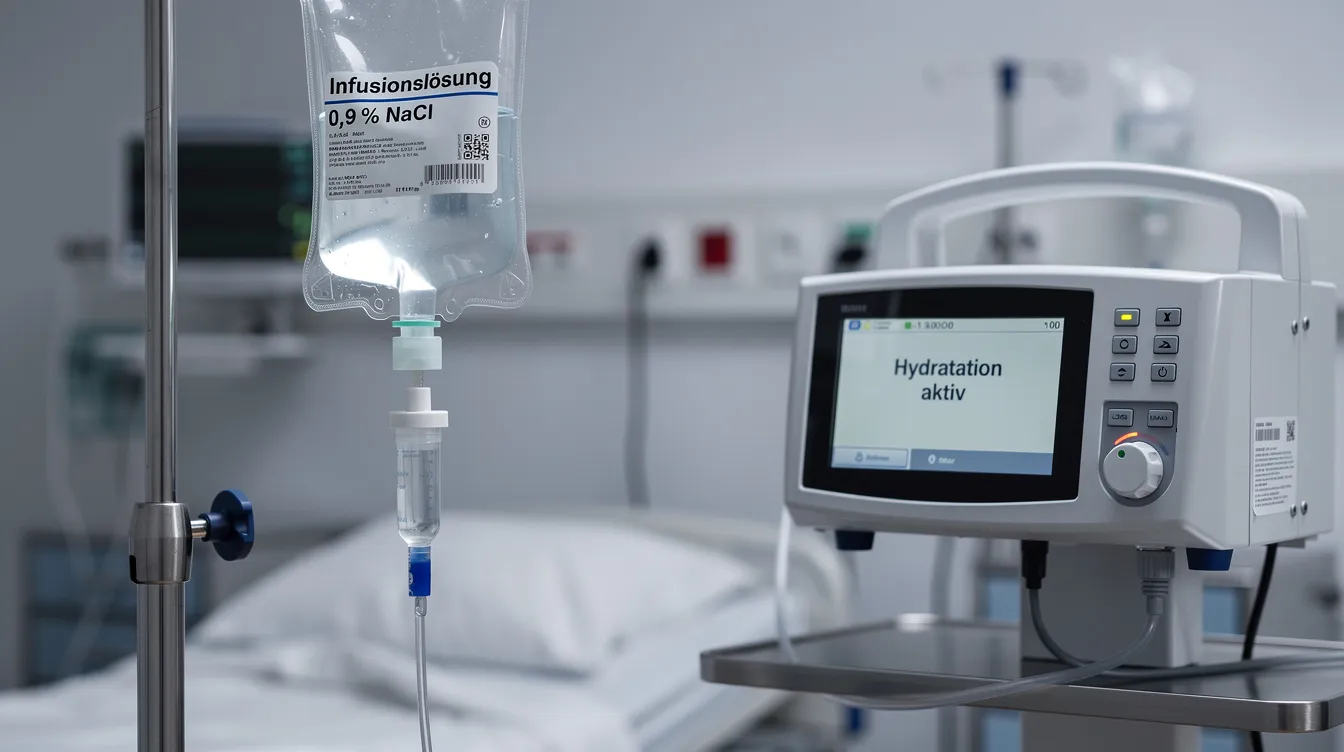 Das Bild zeigt eine medizinische Infusionslösung zusammen mit Hydratationsausrüstung in einem Krankenhaus. Diese Ausstattung wird häufig zur Unterstützung von Patienten während ihrer Erholungsphase, insbesondere bei Symptomen des cannabinoid hyperemesis syndrome, eingesetzt.
