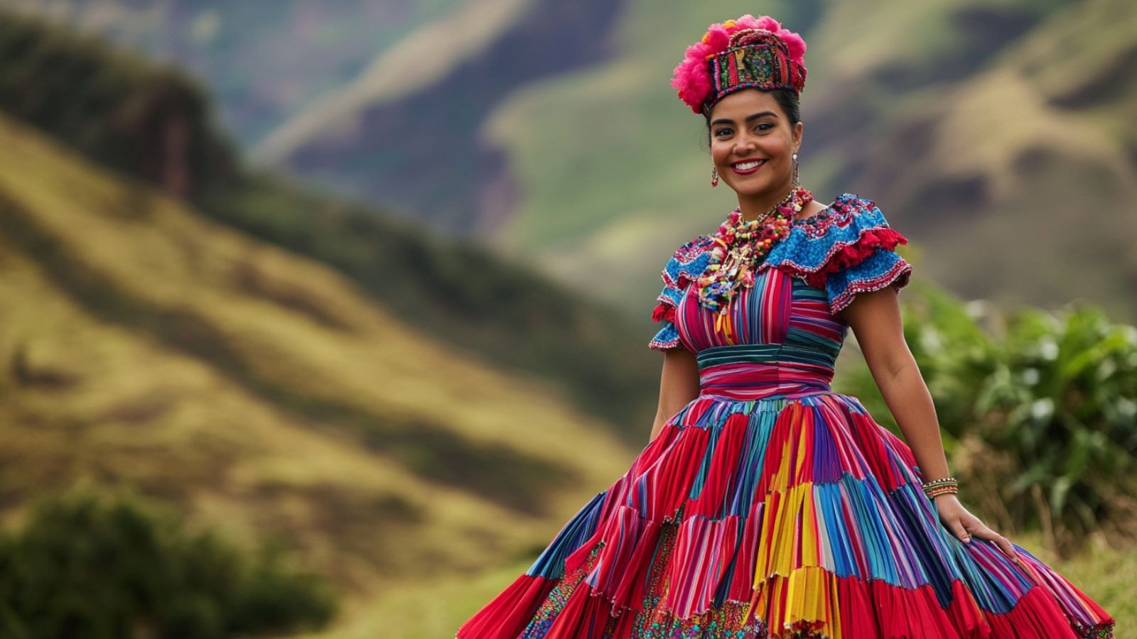 Woman in a colorful Madeira costume with a striped skirt and carapuça cap, framed by Madeira’s lush mountains.
