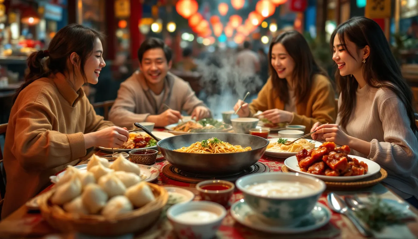 A family enjoying a meal at a Chinese restaurant, with dishes spread across the table.