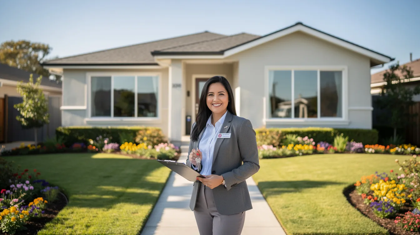 A smiling property manager stands in front of a well-maintained residential property on a sunny day.