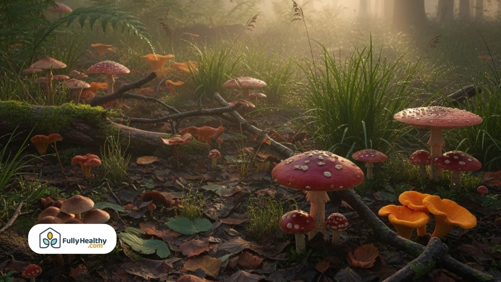 Colorful mushrooms scattered across forest floor at sunrise with fog