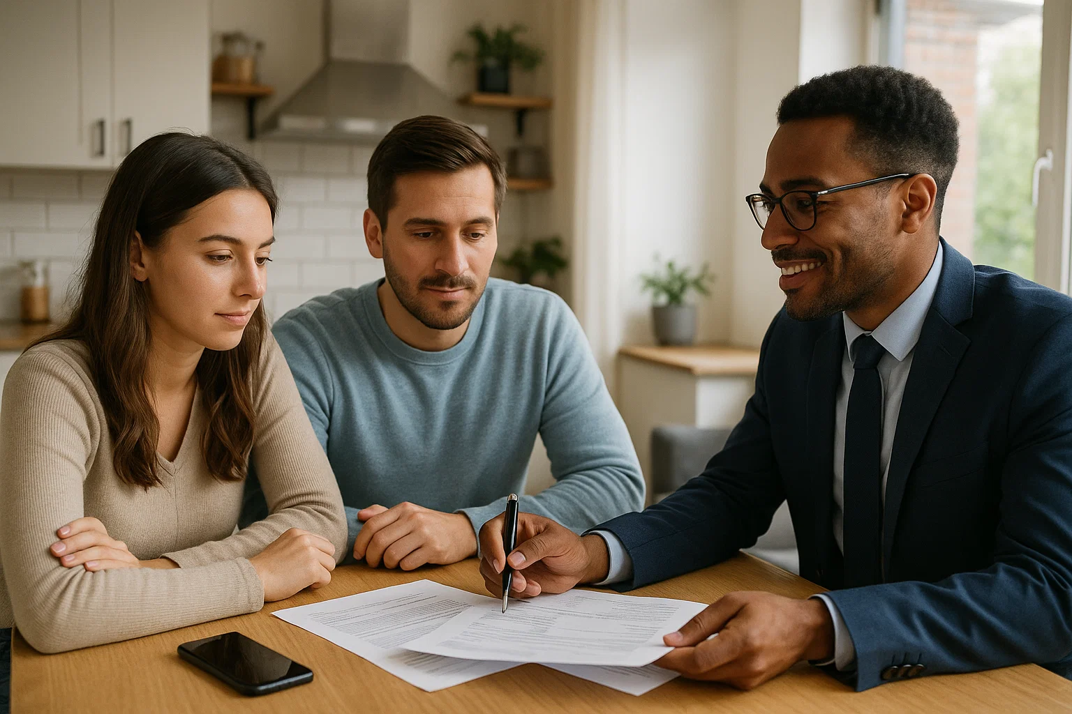 Couple meeting with financial advisor at home to understand what an Individual Voluntary Arrangement (IVA) is.