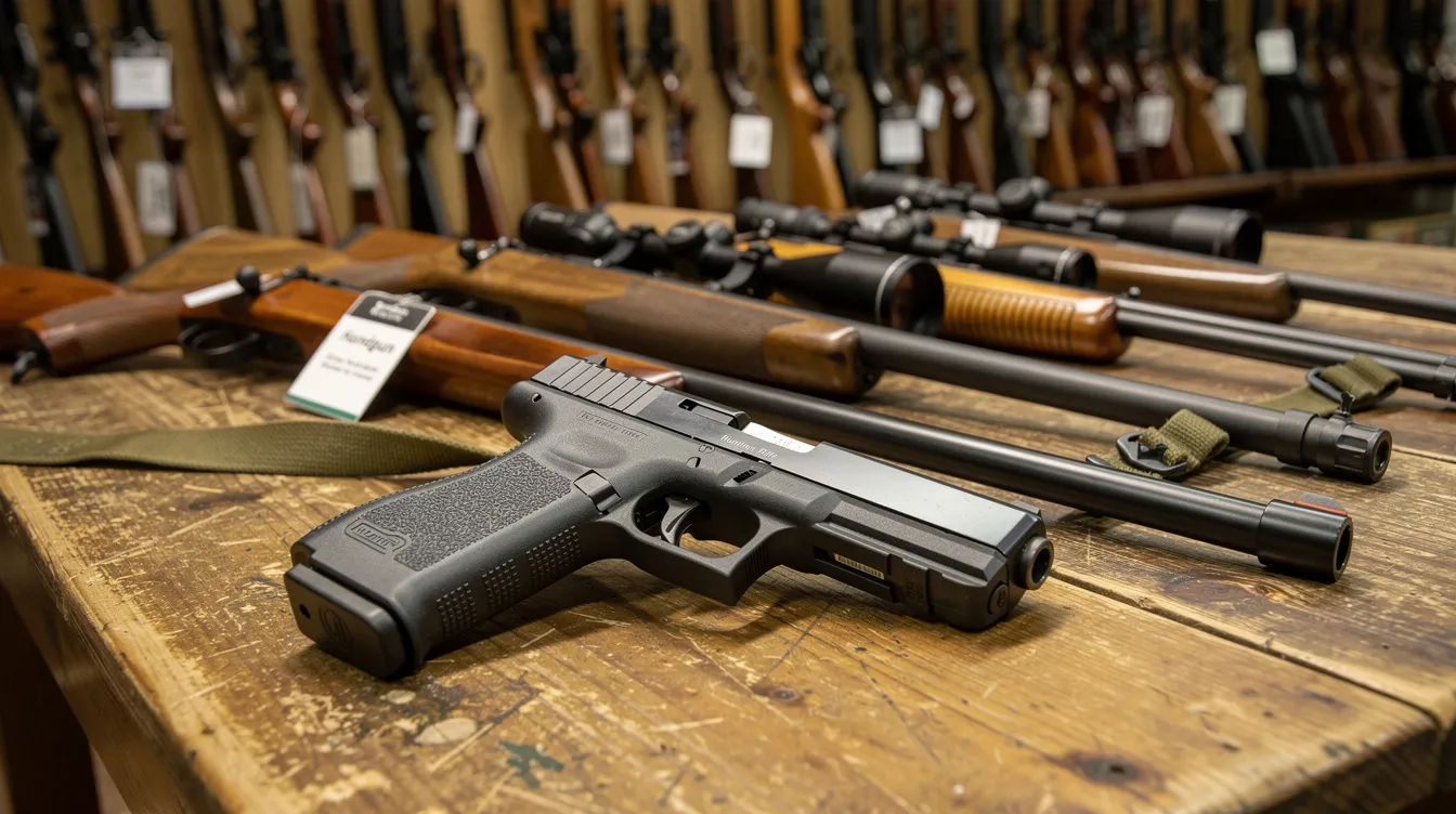 The image shows a wooden table in a gun shop displaying various firearms, including a handgun and a hunting rifle. This setting highlights the importance of gun safety and the legal requirements for gun owners, such as obtaining a valid concealed handgun permit in accordance with Virginia law.