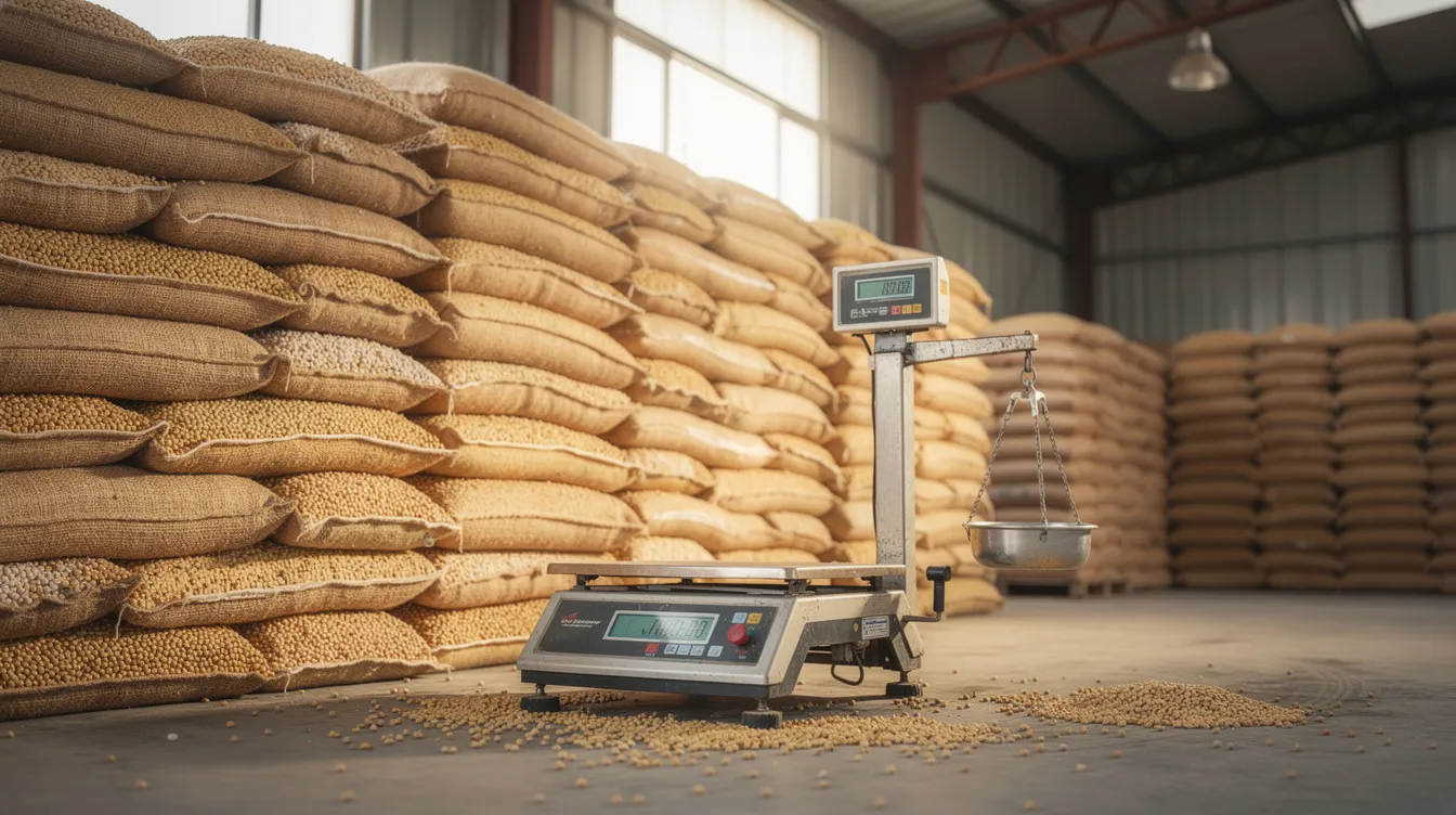 15ed2ee7 002b 4d63 9a3c a09d7b2c0f57 The image shows bags of raw chana pulses neatly stacked inside a warehouse godown, with weighing equipment positioned nearby, highlighting the essential components of a small dal mill operation. This setup is crucial for processing units in rural areas, supporting the growing demand for pulses in India.