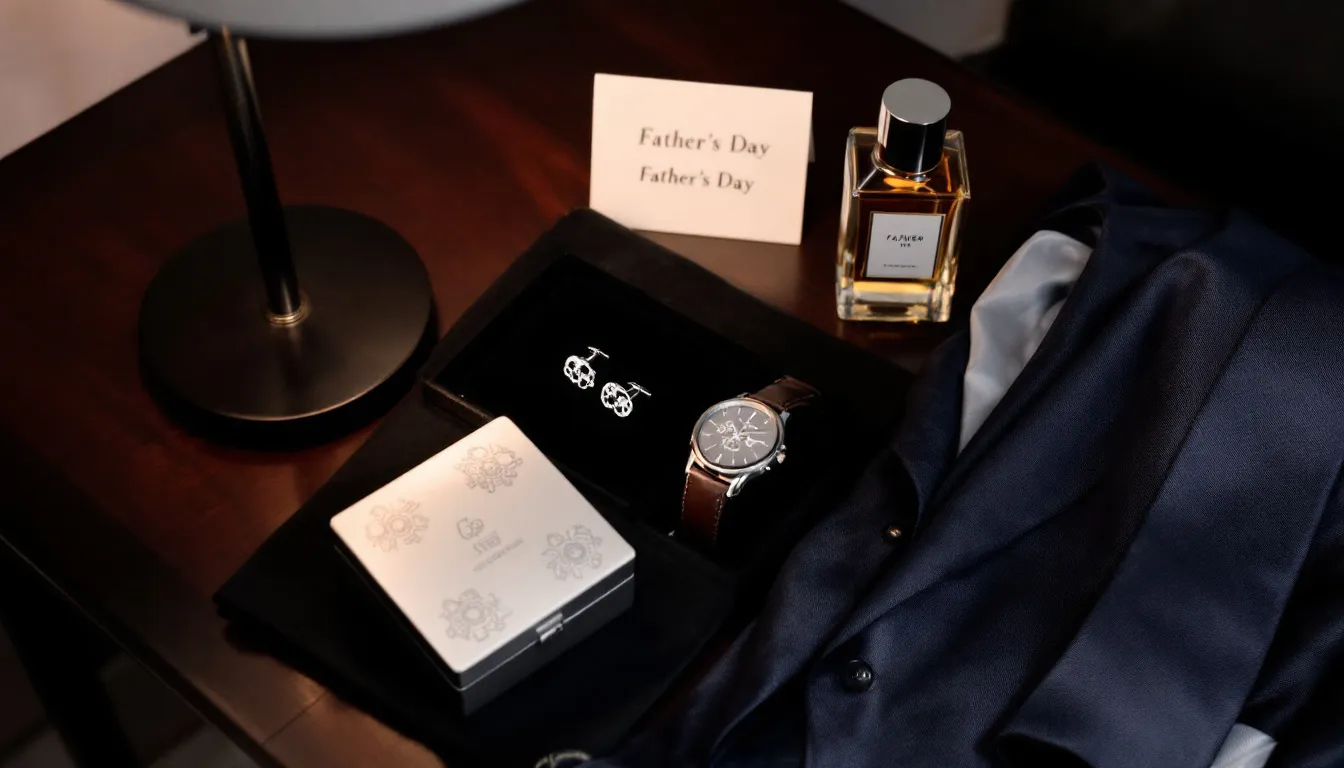 A stylish collection of Father's Day gifts is displayed on a desk, featuring a jewelry box with cufflinks, a wristwatch, a cologne bottle, a silk tie, and a neatly folded navy blue suit, all accompanied by a 'Father's Day' tag. This thoughtful assortment showcases classic gifts that express appreciation for dads on their special day.