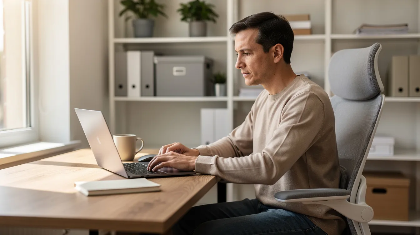 The image depicts a small business owner working diligently in a cozy home office, surrounded by essential tools that empower small businesses to thrive. With a focused expression, they manage their tasks with confidence, reflecting the pride and dedication required to succeed in their mission.