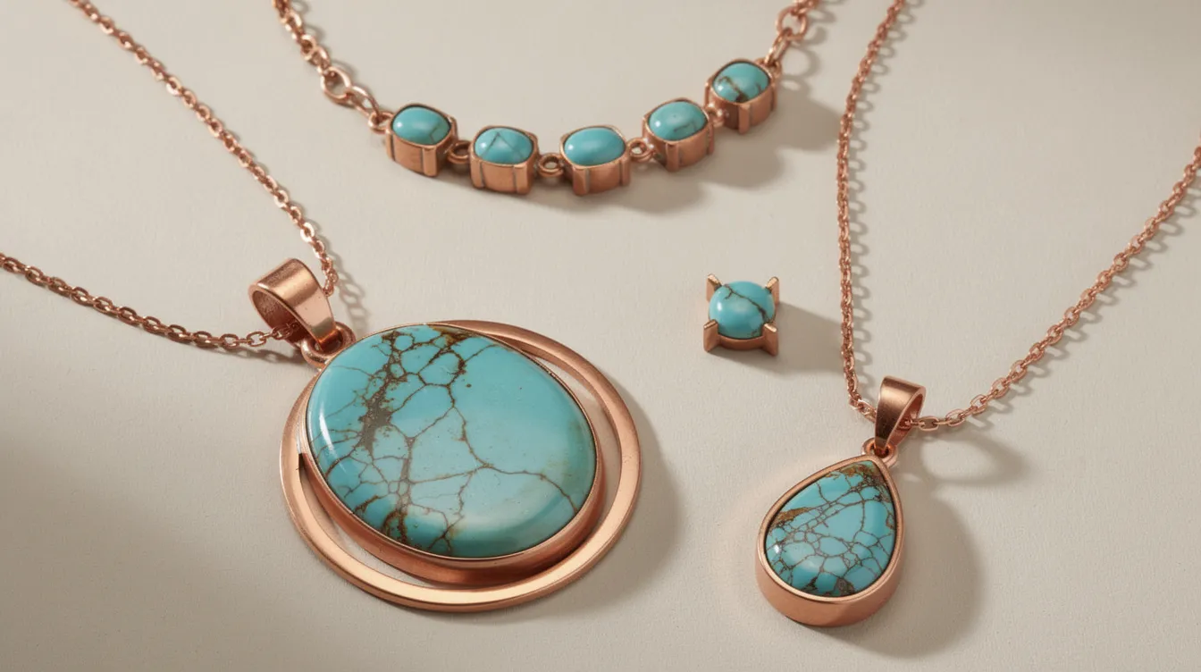 The image features a collection of copper turquoise necklaces in various styles, including pendants and chokers, showcasing the vibrant turquoise stones secured in sleek bezel and prong settings. The necklaces are complemented by matching stud earrings, highlighting the unique beauty of copper turquoise gemstones in this elegant jewellery display.