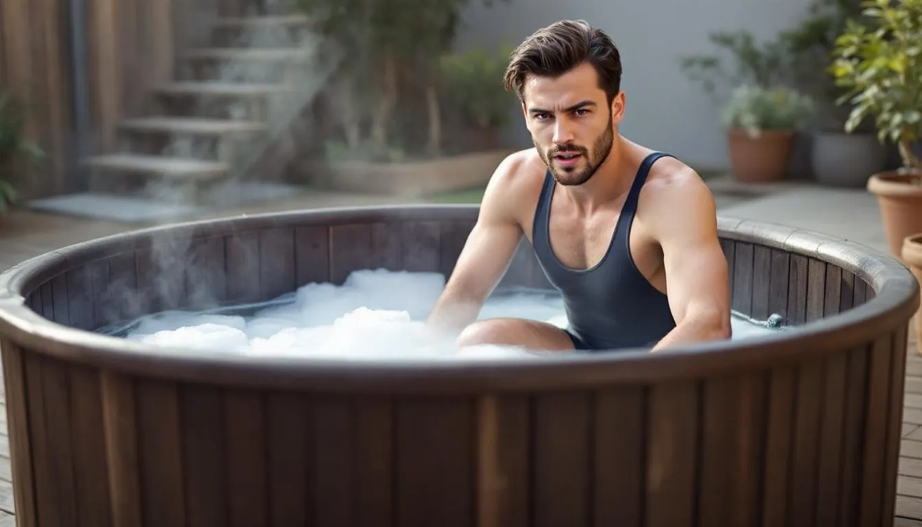 A person is stepping into a cold plunge tub in their backyard, preparing for cold water immersion therapy to aid in muscle recovery after a long travel day. The icy water is designed to reduce inflammation and enhance blood flow, providing numerous health benefits.