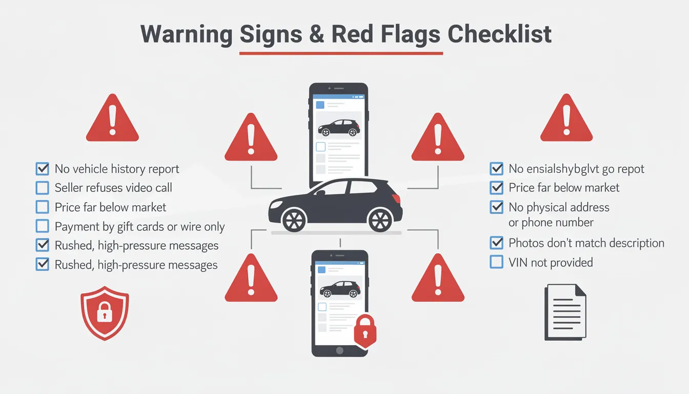 An informative checklist highlighting warning signs and red flags for ensuring safety during the online car buying process, featuring tips on vehicle history reports, secure payment methods, and avoiding high-pressure sales tactics. This visual guide aims to enhance the online car buying experience for potential car buyers.