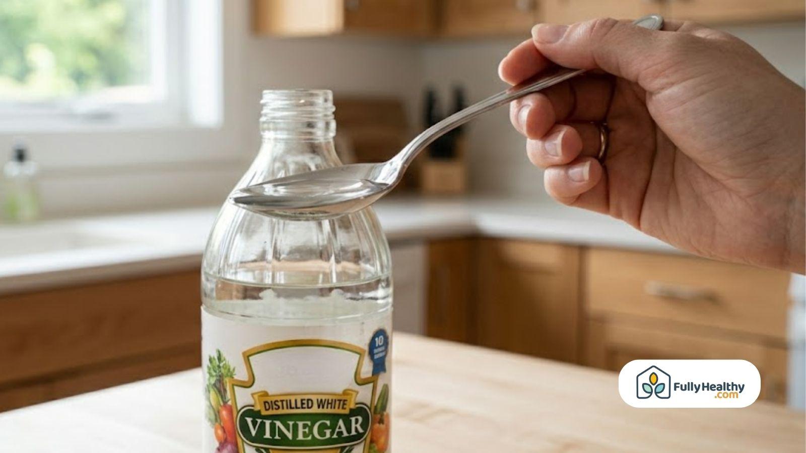 Hand holding spoon above bottle of distilled liquid.