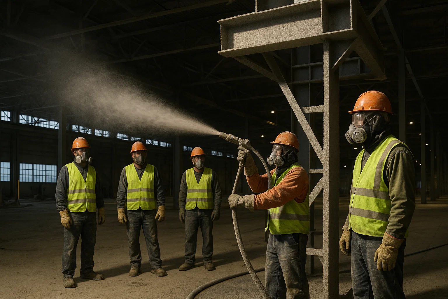 Construction workers spraying a fire-resistant cementitious coating onto steel framework in a warehouse.