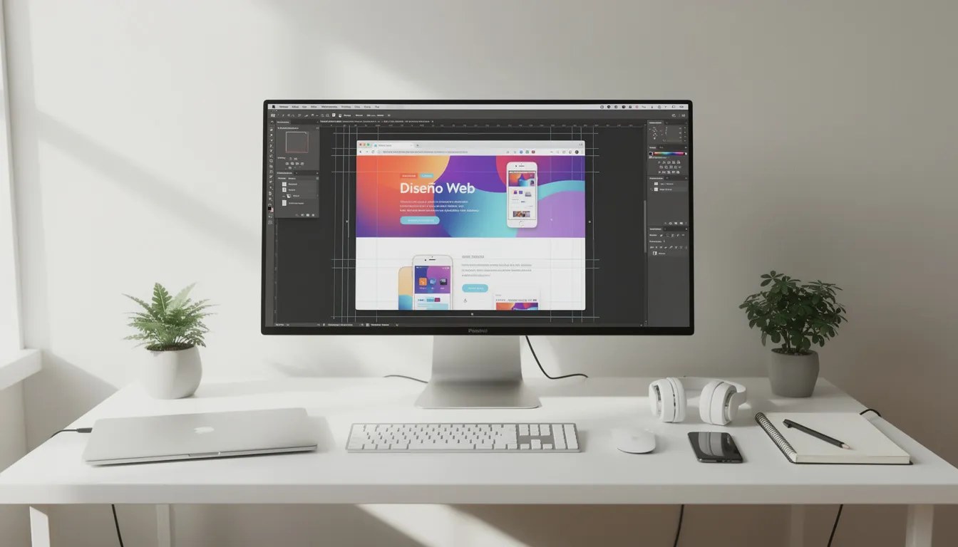 Imagen de un espacio de trabajo moderno que muestra un ordenador con un diseño web en pantalla. El entorno está organizado y luminoso, ideal para el desarrollo de páginas web y la creación de contenido para tiendas online y redes sociales.