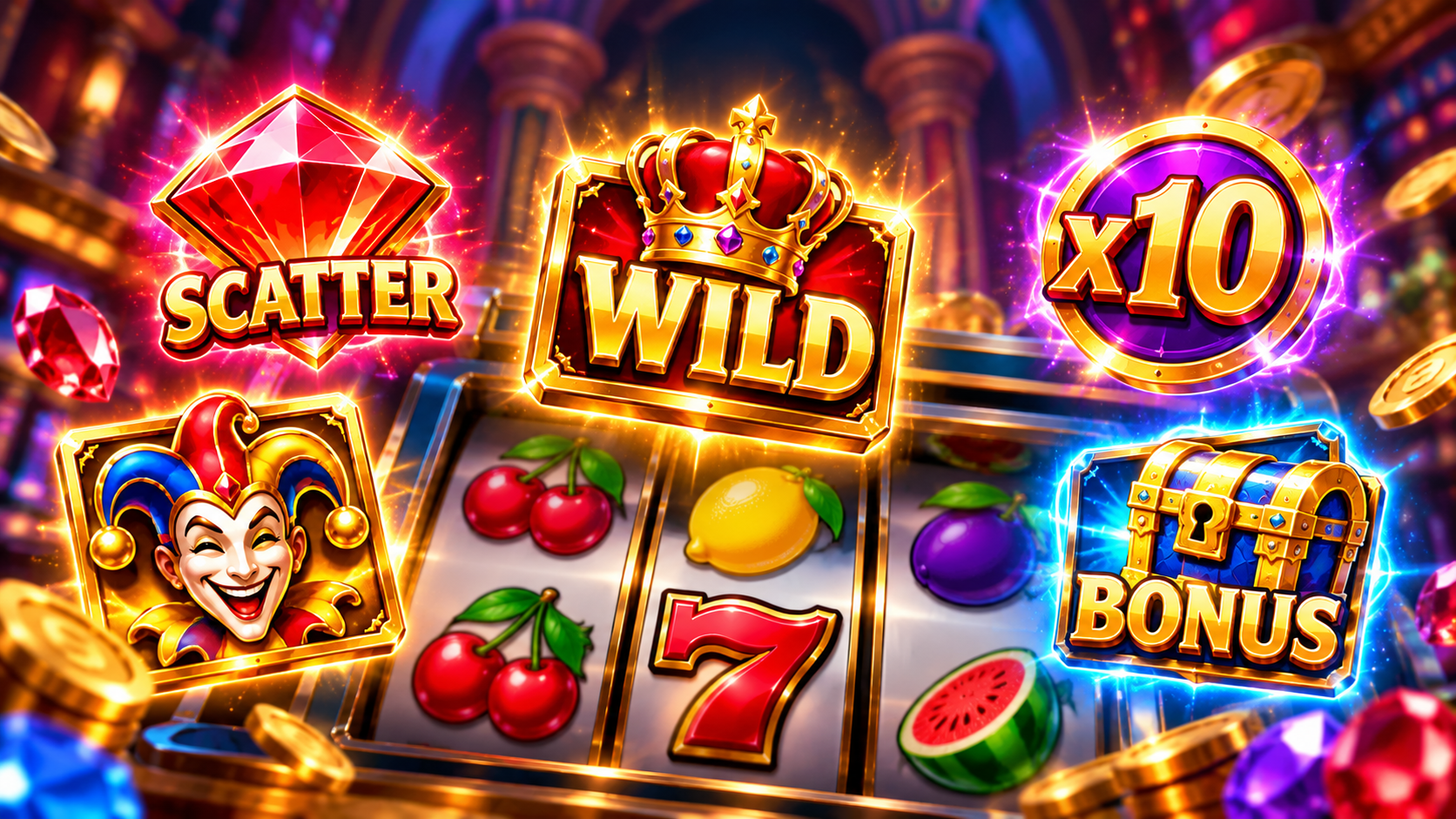 Speciale symbolen bij een fruitautomaat met Scatter, Wild, multiplier, joker en Bonus.