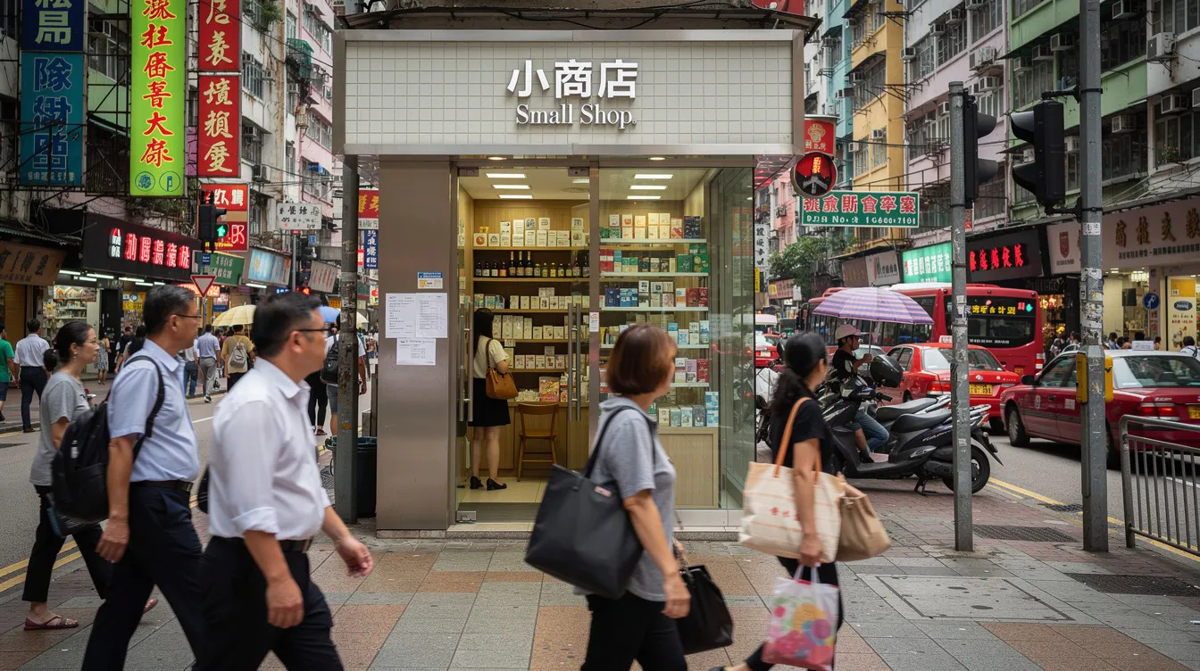 The image depicts a small business storefront bustling with activity on a busy commercial street in Hong Kong, where pedestrians are seen walking by. This vibrant scene captures the essence of urban commerce, reflecting the opportunities for 中小企業 貸款 and other financing options available for small businesses in the area.