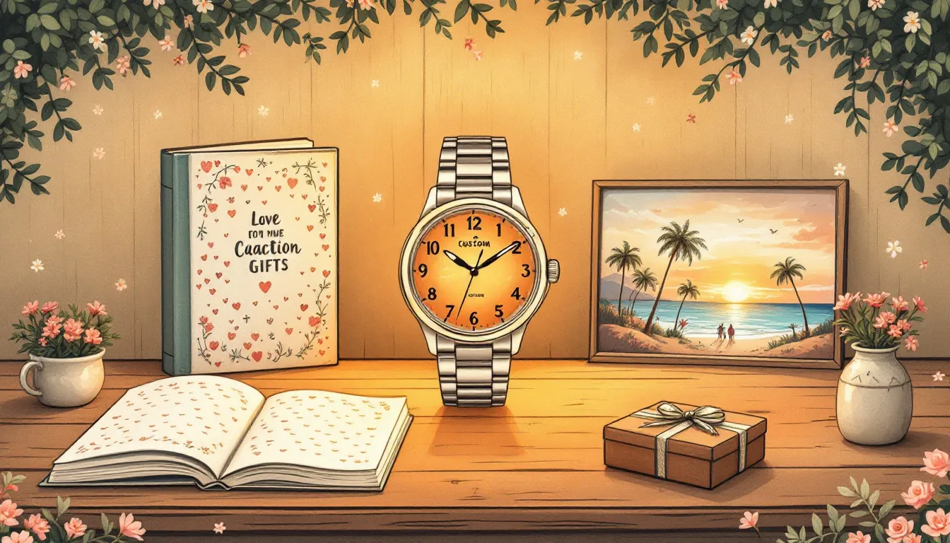 A collection of personalized gifts with a sentimental touch, including a custom engraved watch and a photo book, showcasing thoughtful gifts for your boyfriend.