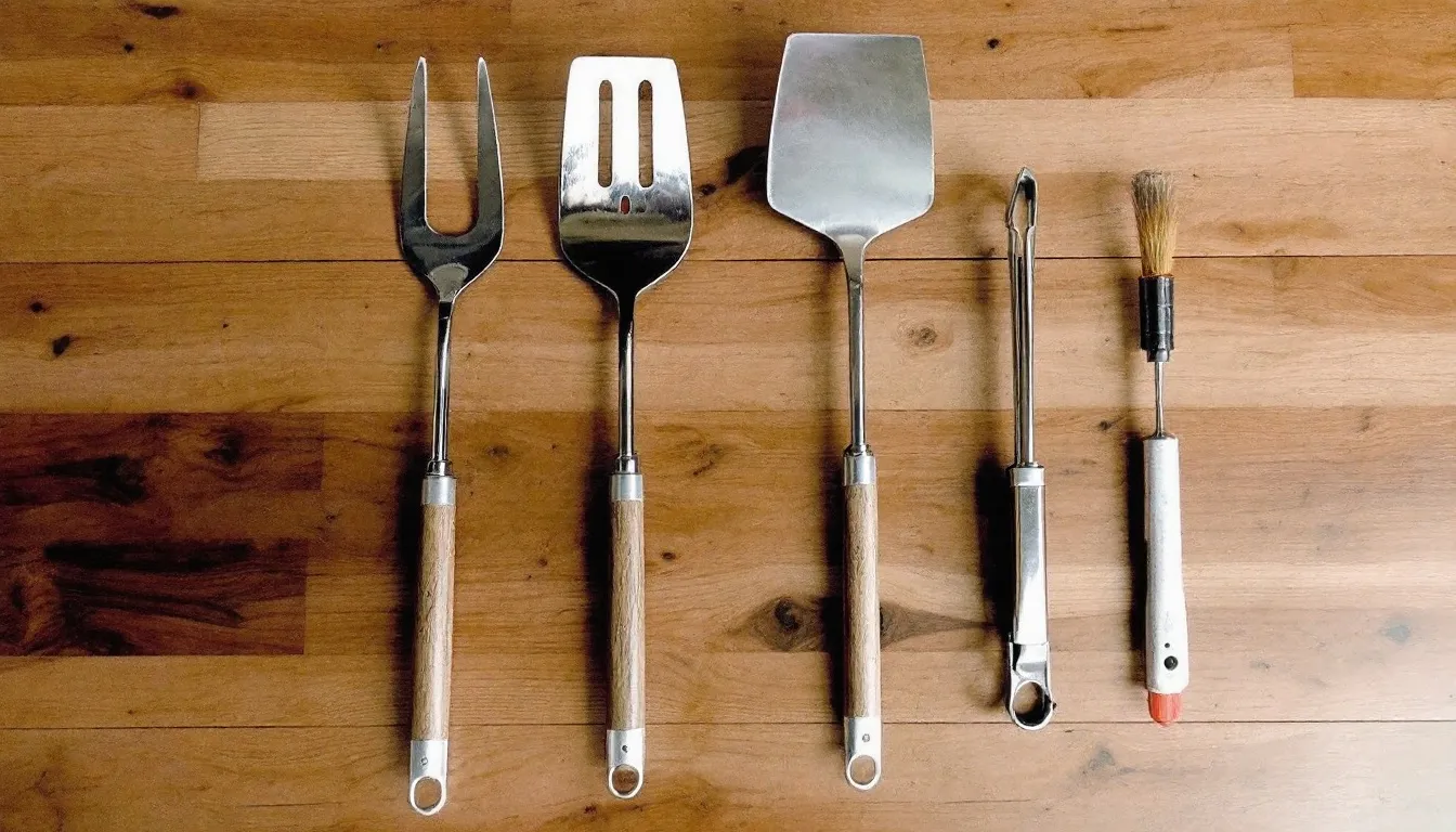 Op een houten tafel liggen verschillende BBQ accessoires en grilltools mooi gerangschikt, perfect voor elke man die van barbecueën houdt. Dit assortiment biedt originele en gepersonaliseerde cadeaus, ideaal om vrienden of familie te verrassen met een leuk cadeau voor een verjaardag of andere gelegenheid.